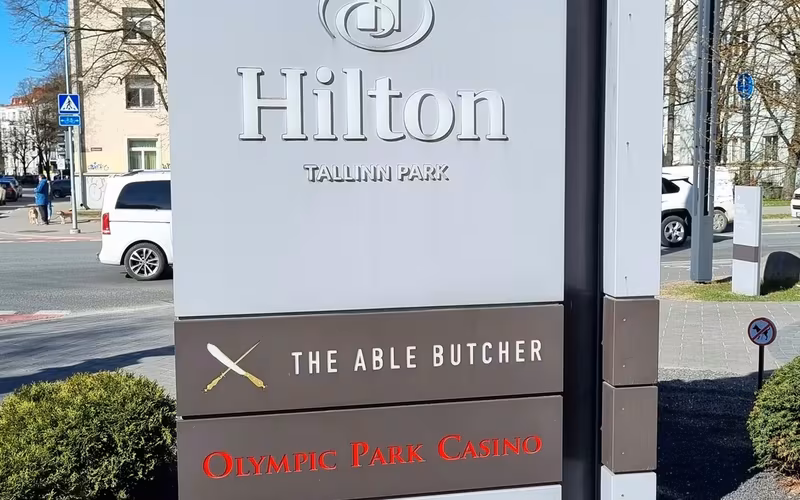 Hilton Tallinn Park sign at the entrance