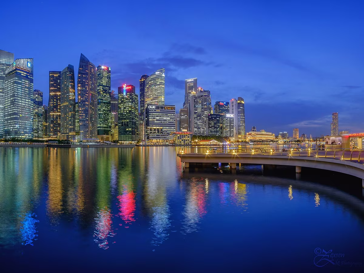Marina Bay Sands at blue hour seen across the bay